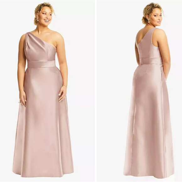 Alfred Sung Draped One-Shoulder Satin Maxi Dress‎ Pockets Toasted Sugar 4 AS IS - Picture 1 of 16